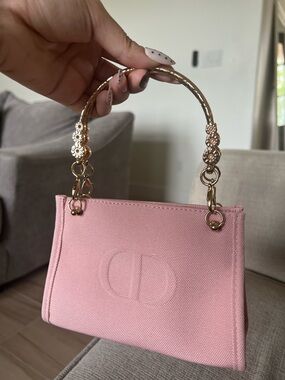 Dior Pink Mini Top-Handle Canvas Bag with Gold Floral Handle